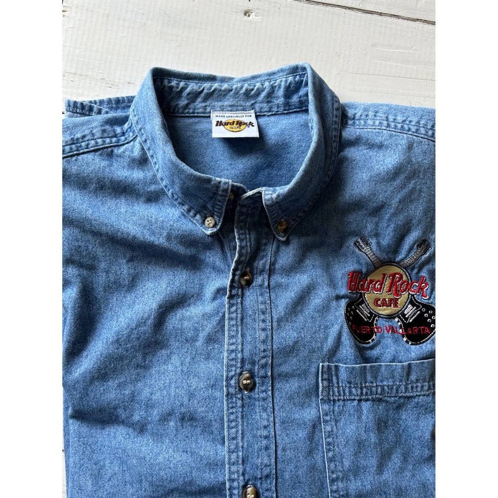 Hard Rock‎ Cafe Puerto Vallarta Denim Shirt Mens XL Blue Long Sleeve Button Down